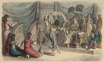 Musicians and dancers performing before the Pharaoh in Ancient Egypt (coloured engraving) بواسطة المدرسة الألمانية