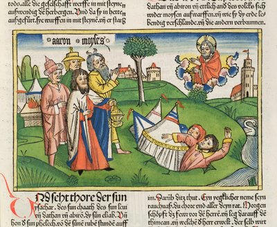 عدد 16 32 الأرض تبتلع المتمردين داثان وأبيرام من الكتاب المقدس نورمبرغ (Biblia Sacra Germanaica) (قطع خشبية ملونة) بواسطة German School