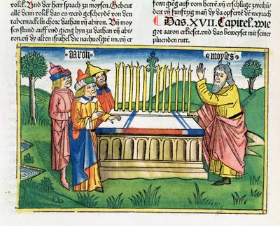 أرقام 17 1-11 موظفو آرون يزهرون على المذبح ، من الكتاب المقدس نورمبرغ (Biblia Sacra Germanaica) (قطع خشبية ملونة) بواسطة المدرسة الألمانية