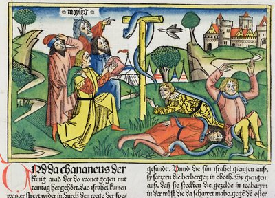 أرقام 21 4-9 الثعابين السامة لدغة الإسرائيليين المتمردين ، من الكتاب المقدس نورمبرغ (Biblia Sacra Germanaica) (قطع خشبية ملونة) بواسطة المدرسة الألمانية