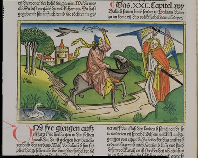 أرقام 22 20-35 بلعامس يتحدث الحمار ، من الكتاب المقدس نورمبرغ (Biblia Sacra Germanaica) (قطع خشبية ملونة) بواسطة المدرسة الألمانية