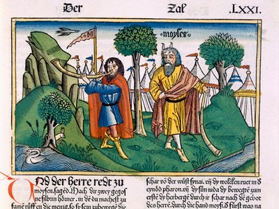 عدد 2 مهام المعسكر لبني اسرائيل ، من الكتاب المقدس نورمبرغ (Biblia Sacra Germanaica) (قطع خشبية ملونة) بواسطة المدرسة الألمانية