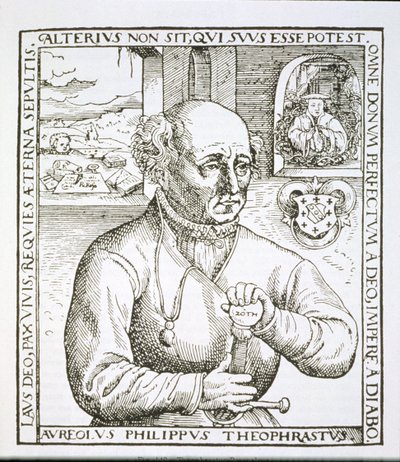 صورة لثيوثراستوس باراسيلسوس (1493-1541) ، نسخة من رسم توضيحي من كتابه Astronomica et Astrologica Pouscula ، كولونيا 1567 ، المستخدم في تاريخ السحر ، نشر في أواخر القرن التاسع عشر (woodc بواسطة المدرسة الألمانية