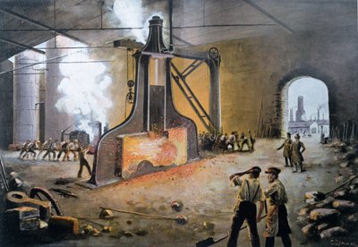 مطرقة كهربائية اخترعها جيمس نازميث في ألمانيا عام 1842 ، نقشها E.Zimmer ، من مجموعة Le XIXeme من هانز كريمر ، c.1900 (نقش الألوان) بواسطة المدرسة الألمانية