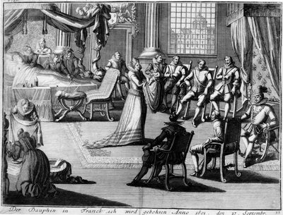 عرض في Fontainebleau من Dauphin إلى والده ، الملك هنري الرابع ، في 27 سبتمبر 1601 بواسطة المدرسة الألمانية