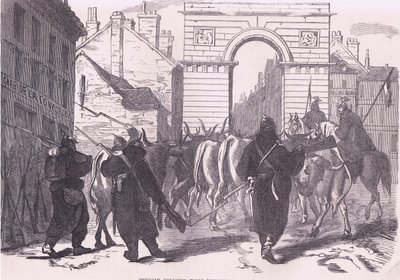 قوات العلف البروسية تجلب الماشية ، Cassells History of the War بين فرنسا وألمانيا الذي نشرته Cassell and Company Limited ، c1890 (litho) بواسطة المدرسة الألمانية