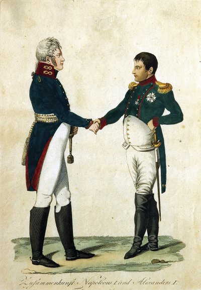 لقاء نابليون (1769-1821) والقيصر الكسندر الأول (1777-1825). (لقاء نابليون والكسندر الأول). عمل مجهول ونقش وألوان مائية بواسطة المدرسة الألمانية