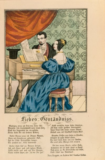 مشهد يظهر زوجين في البيانو ، مع قصيدة حب مكتوبة تحتها ، من Neuruppiner Bilderbogen ، 1850 بواسطة المدرسة الألمانية