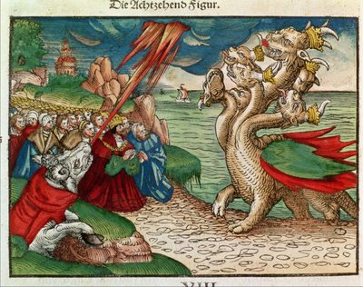 الحية ذات الرؤوس السبعة من سفر الرؤيا ، من الكتاب المقدس لوثر ، c.1530 (قطع خشبية ملونة) بواسطة المدرسة الألمانية