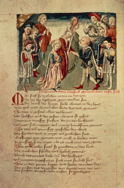 يرى سيغفريد Kreimhild لأول مرة ، من "Hundeshagen Nibelungen Codex" (رق) بواسطة المدرسة الألمانية