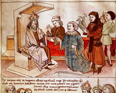 سيغيسموند الأول ملك لوكسمبورغ (1368-1437) ، إمبراطور الإمبراطورية المقدسة يتلقى جزية من الشعوب الخاضعة. مصغرة من "سجلات مجلس كونستانس" بواسطة أولريش ريتشينتال (1360-1437) 1438 تقريبًا ، مكتبة براغ الوطنية بواسطة المدرسة الألمانية
