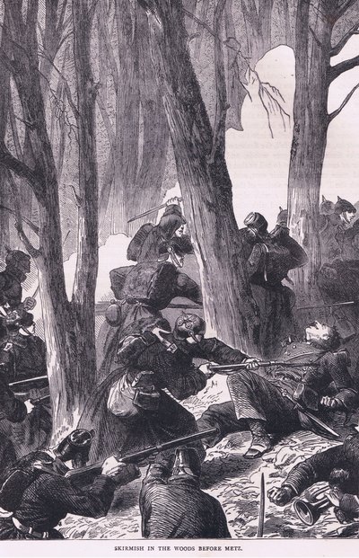 مناوشات في الغابة قبل ميتز ، Cassells History of the War بين فرنسا وألمانيا التي نشرتها Cassell and Company Limited ، c1890 (litho) بواسطة المدرسة الألمانية