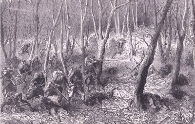 مناوشات في الغابة خارج باريس ، Cassells History of the War بين فرنسا وألمانيا التي نشرتها Cassell and Company Limited ، c1890 (litho) بواسطة المدرسة الألمانية