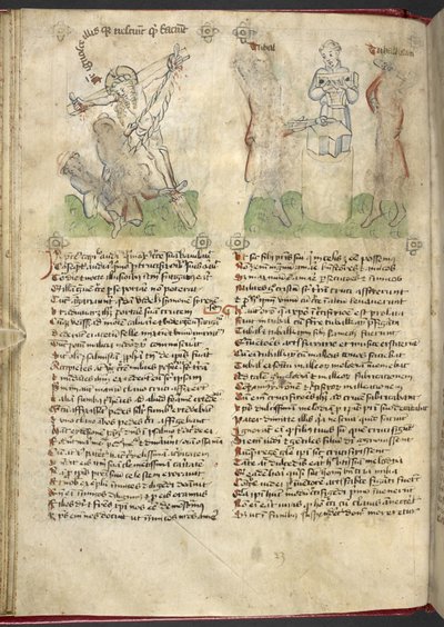 Sloane 361، f.25v رفع الصليب ؛ جوبال وتوبال-قابيل ، من "منظار الخلاص البشري" (حبر ولون على ورق) بواسطة المدرسة الألمانية