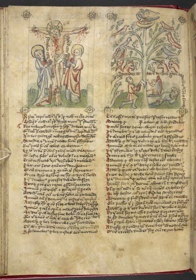 سلون 361 ، ص 26 نبوخذ نصر يرى شجرة في المنام ؛ الصلب ، من "منظار الخلاص البشري" (الحبر واللون على الرق) بواسطة المدرسة الألمانية