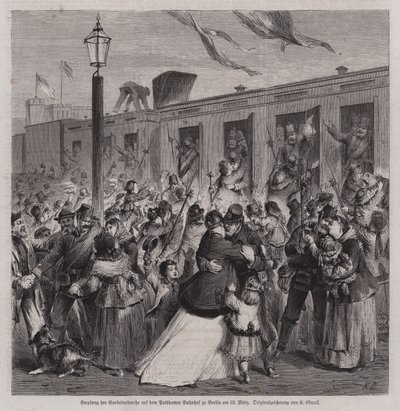 رحب جنود غارديلاندوير البروسي في محطة بوتسدام ، برلين ، عند عودتهم من الحرب الفرنسية البروسية ، 22 مارس 1871 (نقش) بواسطة المدرسة الألمانية