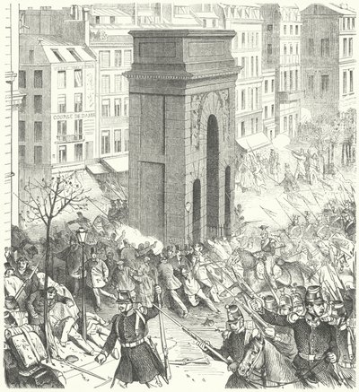 جنود في شوارع باريس خلال الانقلاب الفرنسي في ديسمبر 1851 (نقش) بواسطة المدرسة الألمانية