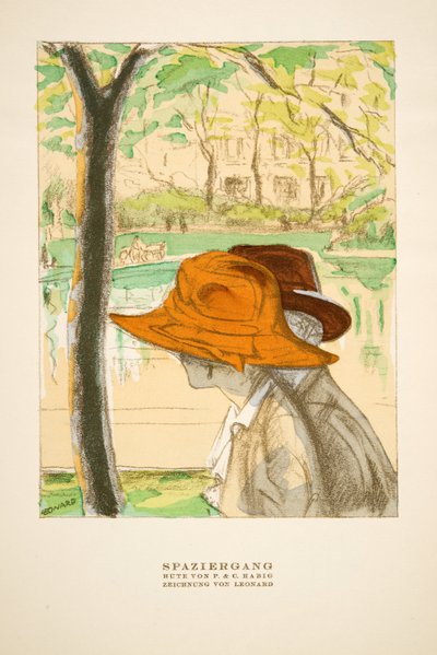 "Spaziergang"، إعلان عن قبعات من شركة P  C Habig، من ستايل، طبعة عام 1922 (طبعة بوشوار) بواسطة المدرسة الألمانية