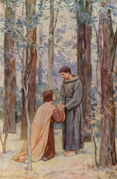 القديس فرنسيس يستقبل أحد الأتباع المرحبين به (ليثو ملون) بواسطة المدرسة الألمانية