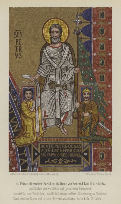 St Peter presenting Charlemagne the flag of Rome and Pope Leo III the stole (colour litho) بواسطة المدرسة الألمانية