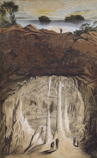 Stalactites and stalagmites in a cave (colour litho) بواسطة المدرسة الألمانية