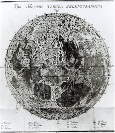 سطح القمر ، رسم توضيحي من Selenotopographische Fragmente بقلم يوهان هيرونيموس شرويتر ، نُشر عام 1791 بواسطة المدرسة الألمانية