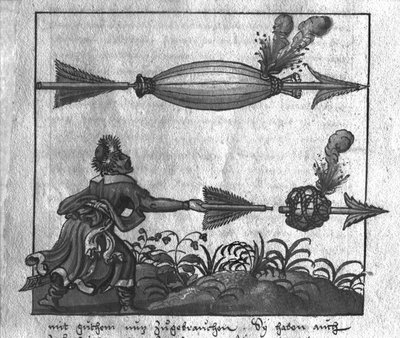 الاستخدام التكتيكي للمدفعية: السهام الحارقة ، توضيح من LArt de lArtillerie بواسطة Wolff de Senftenberg ، أواخر القرن السادس عشر بواسطة المدرسة الألمانية