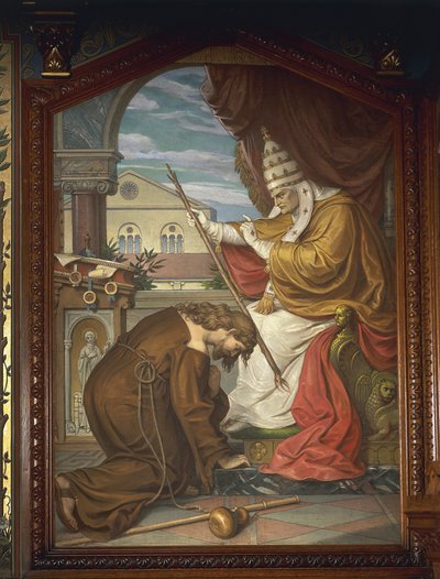 Tannhauser confesses his sins to Pope Urban IV, from the Tannhauser Saga (oil on canvas) بواسطة المدرسة الألمانية