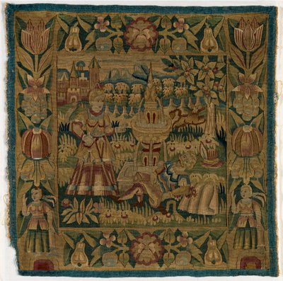 غطاء وسادة منسوج يصور بيراموس وثيسي، صنع في هامبورغ، ألمانيا، حوالي 1615 (صوف) بواسطة المدرسة الألمانية