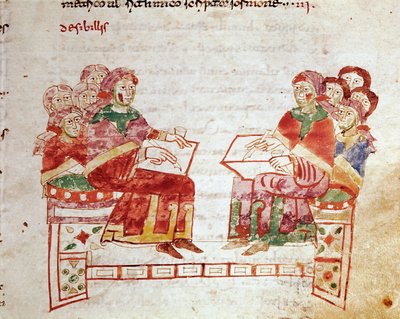مشهد تعليمي في مدرسة مصغرة مأخوذ من مجلد "" de Gymnasium "في" "De Universo" "(أو De rerum naturis (De la Nature des choses)) (كود 132) لـ Rabanus Maurus Magnentius (أو Raban Maur أو رابانو ماورو) (حوالي 780-856). القرن ال بواسطة المدرسة الألمانية