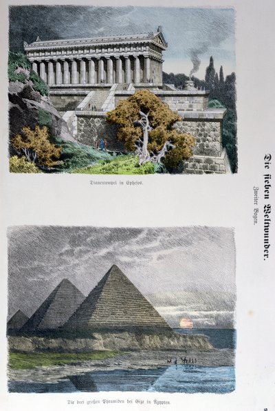 معبد ديانا في أفسس وأهرامات الجيزة ، من سلسلة من عجائب الدنيا السبع المنشورة في Munchener Bilderbogen ، 1886 (نقش الألوان) بواسطة المدرسة الألمانية