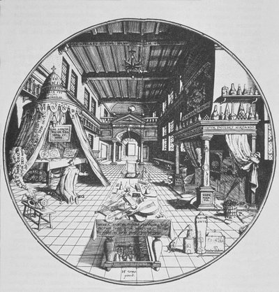 الكيميائي في مختبره ، من Amphitheatrum Aeternae Sapientiae بواسطة هاينريش كونراث (1609) موضحة في تاريخ السحر المنشور في أواخر القرن التاسع عشر بواسطة المدرسة الألمانية