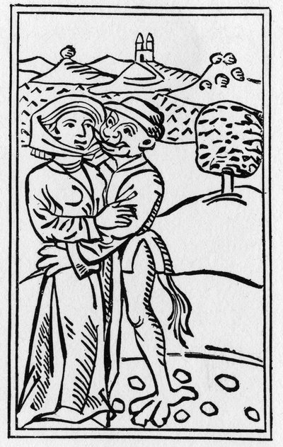 The Devil in Love of the Witch (قبلة الشيطان) - نقش من عام 1489 في "De lamiis et pythonicis mulieribus" بقلم أولريش موليتور " بواسطة المدرسة الألمانية