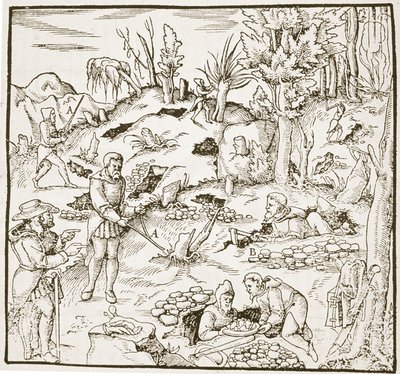 The Divining Rod ، من Bergwerk Buch بواسطة Georg Agricola ، فرانكفورت 1580 ، موضحة في تاريخ السحر ، نُشرت في أواخر القرن التاسع عشر بواسطة المدرسة الألمانية