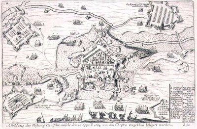 حاصر المسيحيون حصن كانيشا عبثًا في عام 1664 ، وهو رسم توضيحي من كتاب عن الحملات العثمانية في أوروبا ، نقش بواسطة بول فورست (1605-66) (نقش) بواسطة المدرسة الألمانية