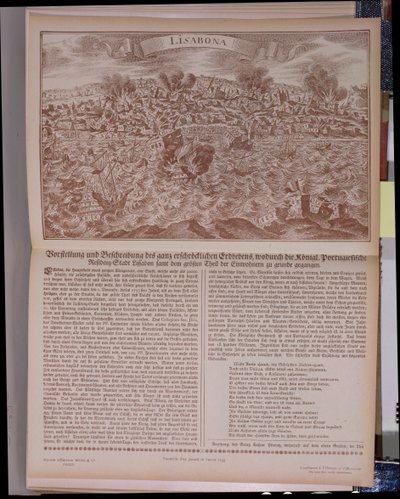 زلزال 1755 الكبير في لشبونة ، نسخة طبق الأصل من نقش ونص أصلي ، 1755 بواسطة المدرسة الألمانية