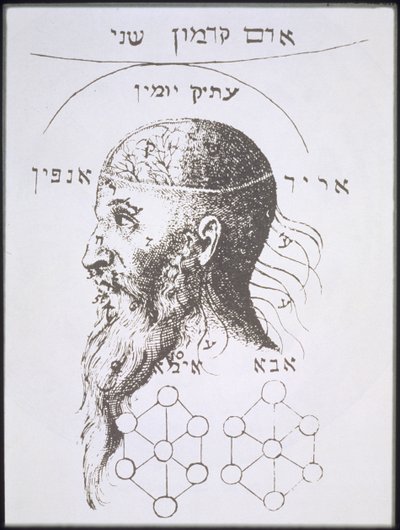 رأس آدم كادمون ، نسخة من رسم توضيحي من Kabbala Denudata بقلم كنور فون روزنروث ، فرانكفورت 1684 ، تم استخدامه في تاريخ السحر ، تم نشره في أواخر القرن التاسع عشر بواسطة المدرسة الألمانية