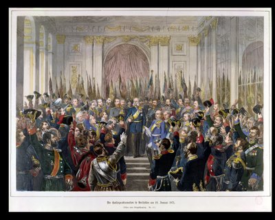 إعلان فيلهلم كقيصر للرايخ الألماني الجديد ، في قاعة المرايا في فرساي في 18 يناير 1871 ، 1871 (نقش الألوان) بواسطة المدرسة الألمانية
