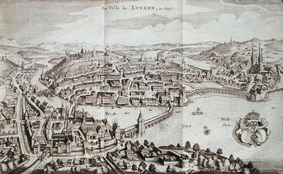 مدينة لوسيرن ، سويسرا ، من 'Itinera Alpina' بقلم يوهان جاكوب شيوتشيري ، نشرت عام 1706 (نقش) بواسطة المدرسة الألمانية
