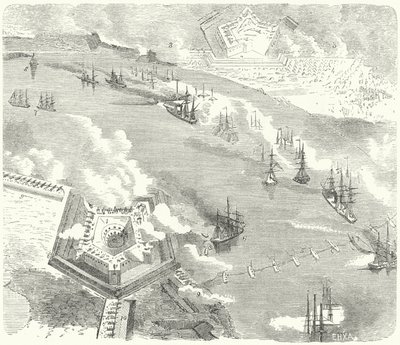 أسطول الاتحاد يهاجم فورت جاكسون وحصن سانت فيليب ، لويزيانا ، الحرب الأهلية الأمريكية ، 1862 بواسطة المدرسة الألمانية
