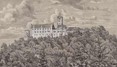 Wartburg ، قلعة تطل على بلدة Eisenach ، تورينجيا ، ألمانيا (litho) بواسطة المدرسة الألمانية
