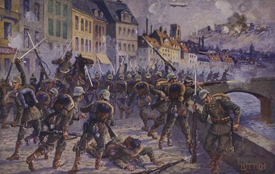 الاستيلاء على لييج، بلجيكا، الحرب العالمية الأولى، 7 أغسطس 1914 (صورة حجرية ملونة) بواسطة المدرسة الألمانية