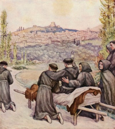 القديس فرنسيس المحتضر يبارك مدينة أسيزي (ليثو ملون) بواسطة المدرسة الألمانية