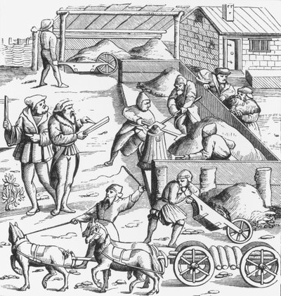 استخراج المعادن ، بعد قطع خشبية في Cosmographie Universelle of Munster ، نشر 1552 بواسطة المدرسة الألمانية