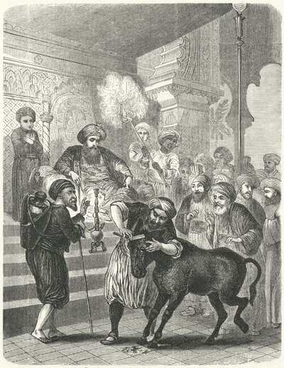 الفلاح وحماره أمام الخليفة هارون الرشيد (نقش) بواسطة المدرسة الألمانية