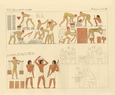 عبودية اليهود في مصر ممثلة في صورة عمرها 3000 عام في مقبرة في صعيد مصر (نقش ملون) بواسطة المدرسة الألمانية