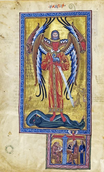 ظهور الحب الإلهي (رؤية من كتاب الأعمال الإلهية)، حوالي 1220-30 (غواش على الرق) بواسطة المدرسة الألمانية