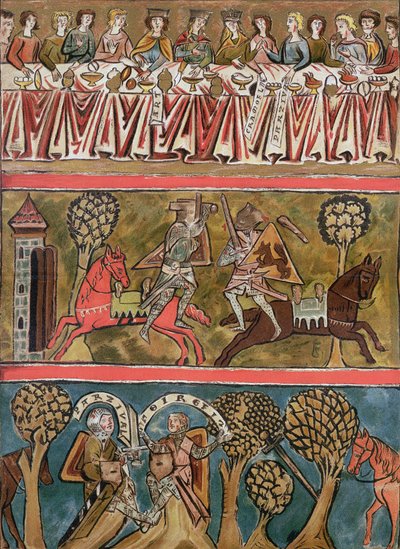 ثلاثة مشاهد من Parsifal بواسطة Wolfram von Eschenbach (dc1230) فاكس من مخطوطة من القرن الثالث عشر بواسطة المدرسة الألمانية