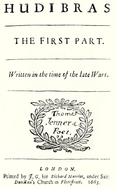 صفحة العنوان من القصيدة الساخرة Hudibras للشاعر الإنجليزي صموئيل بتلر ، نُشرت عام 1663 (نقش) بواسطة المدرسة الألمانية