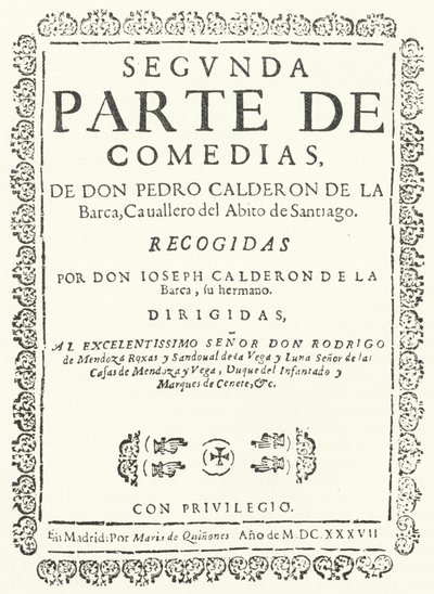 صفحة العنوان من المجلد الثاني من أربعة مجلدات لكوميديا كالديرون ، نُشرت عام 1637 (نقش) بواسطة المدرسة الألمانية